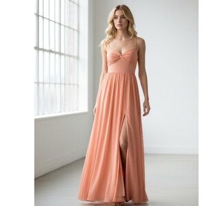 Azazie Peach Satin Chiffon Maxi Dress Tie Back Spaghetti Straps size S
